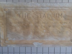 One of the tablets set in entrance to the stadium.                                                                                 THE STADIUM A TRIBUTE TO THE MEN AND WOMEN WHO SERVED IN THE WORLD WAR ERECTED BY GRATEFUL CITIZENS OF THE CITY OF ERIE